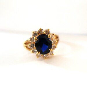 Men's 14K Gold Electroplate Ring w/ Large Blue Center Stone & White Accents Sz 8